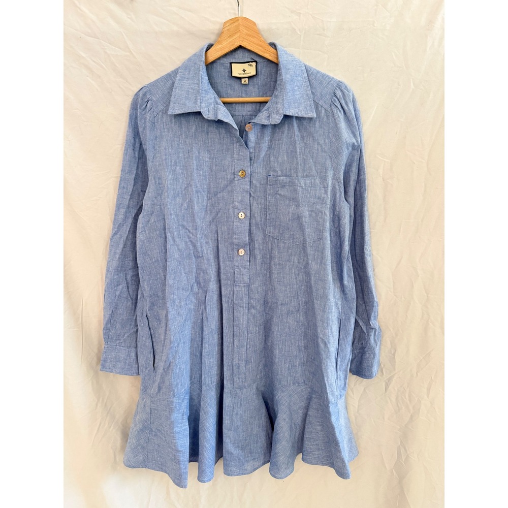 Tuckernuck Royal Shirt Dress Womens Blue Linen Flounce Hem Medium